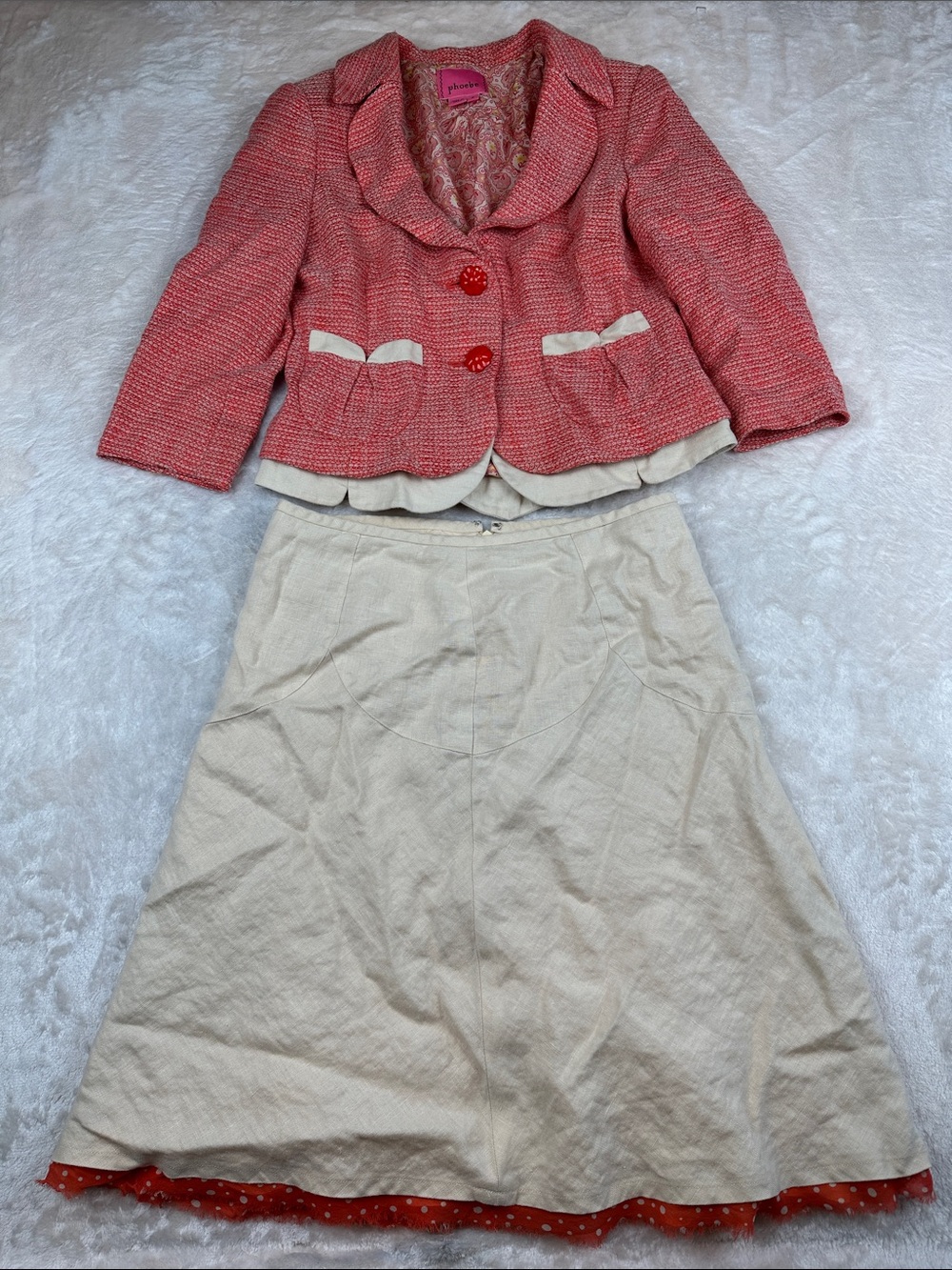 Phoebe Women’s Size 8 Pink Tweed 2 Piece Blazer Skirt Suit Flower Buttons Y2K
